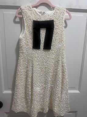 Ivory Sequin Girls' Dress with Black Bow Accent